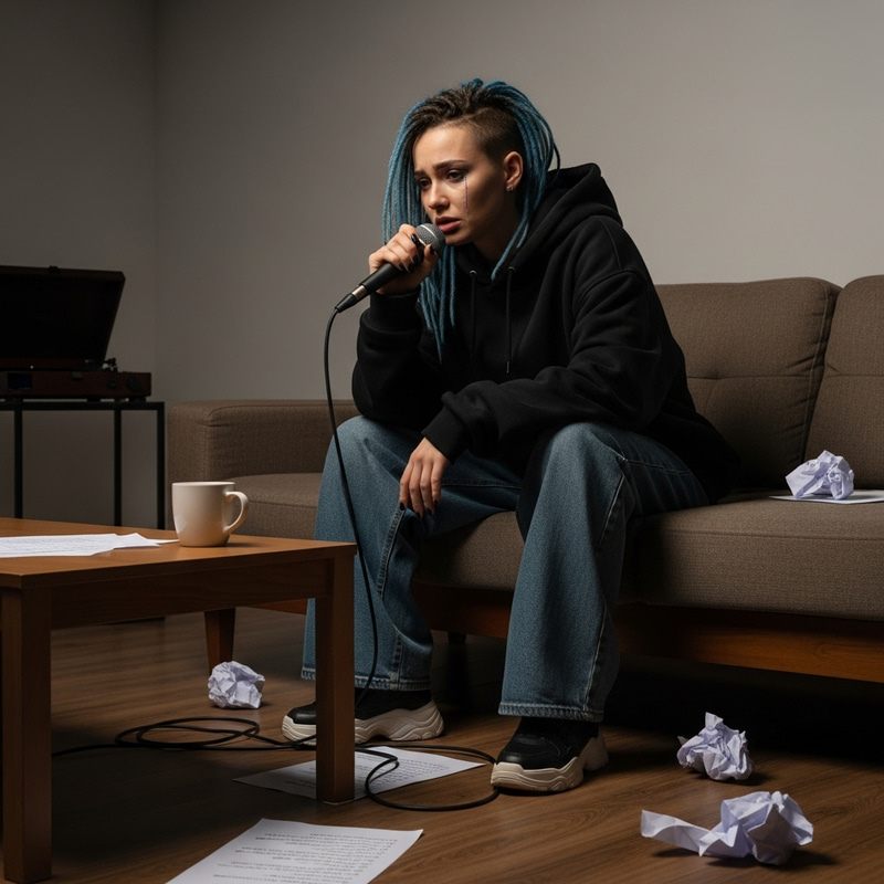 Depressed Female Rapper in Dimly Lit Room | Visual of Despair Depressed Female Rapper in Dimly Lit Room | Visual of Despair