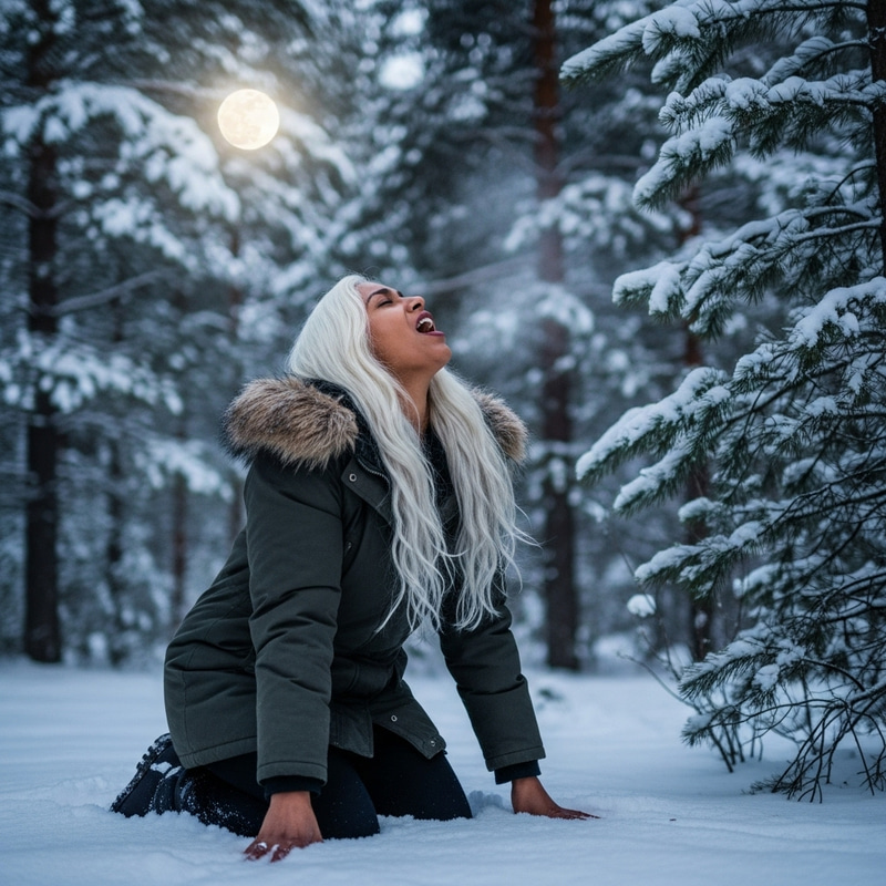 Serene White-Haired Woman Howling at Moon in Winter Forest Serene White-Haired Woman Howling at Moon in Winter Forest