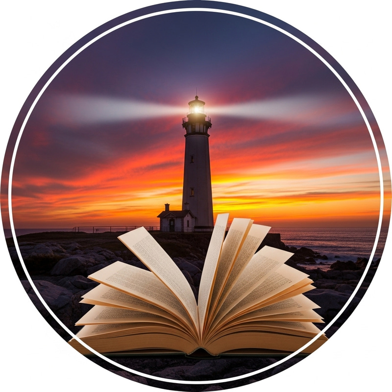 Majestic Lighthouse at Sunset with Open Book