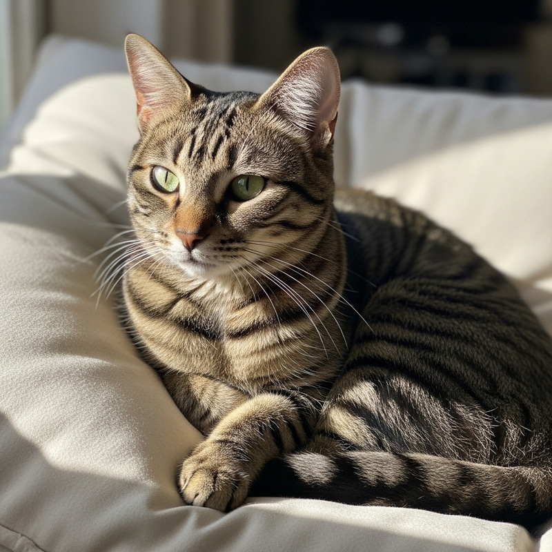 Cute Domestic Cat Relaxing on Pillow - Green Eyes, Tabby Fur Cute Domestic Cat Relaxing on Pillow - Green Eyes, Tabby Fur