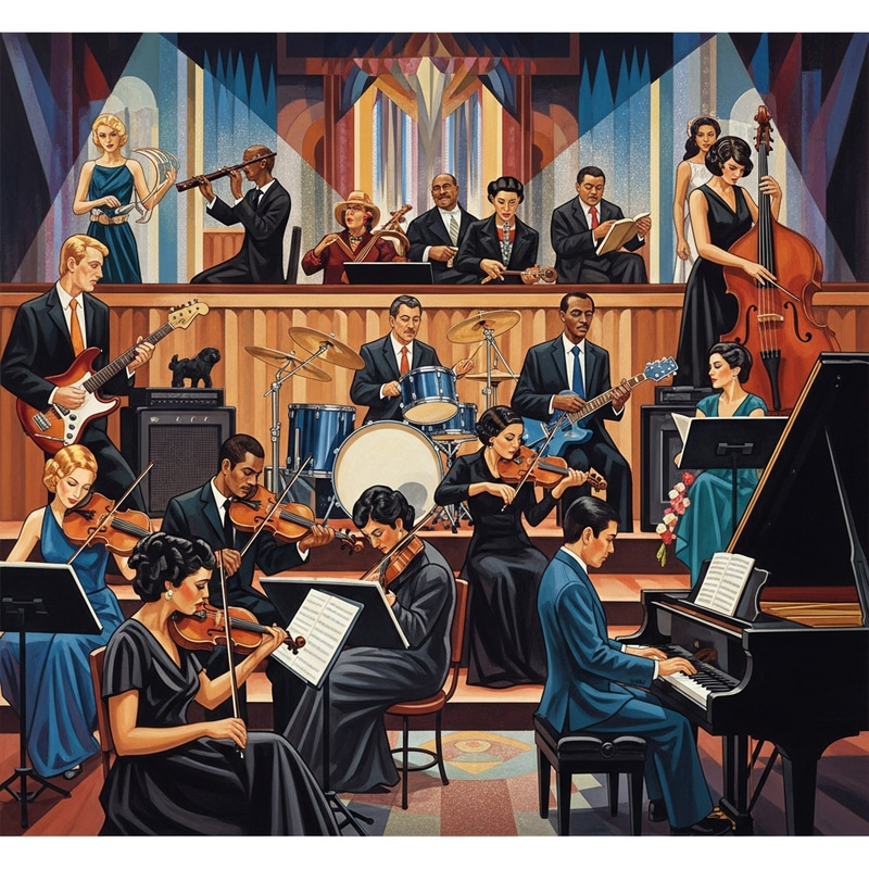 Art Deco Concert Space with Musicians in Lempicka Style