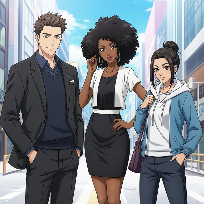 Anime Group of Diverse Characters in Urban Setting