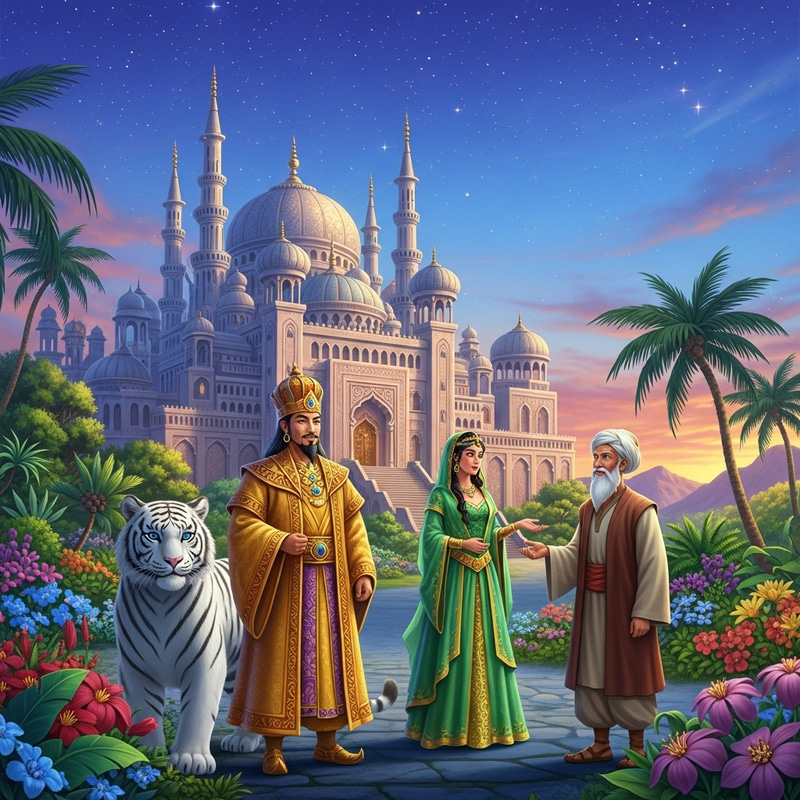 Eastern Palace of Enchantment with King, Queen, Sage, and Magical Tiger
