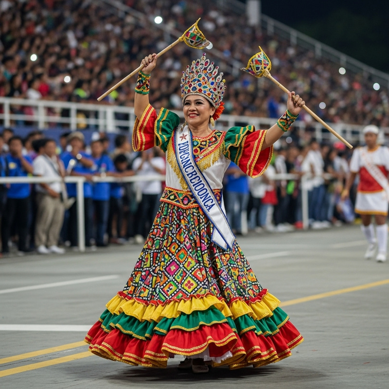 Sinulog Festival Queen in Cebu: Middle-aged South Asian Woman Dancing with Bolos