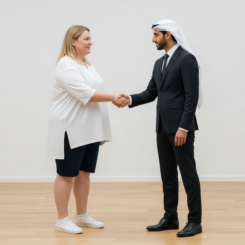 Inclusive Encounter: Heavyset Woman in Casual Attire Greets Man in Formal Wear