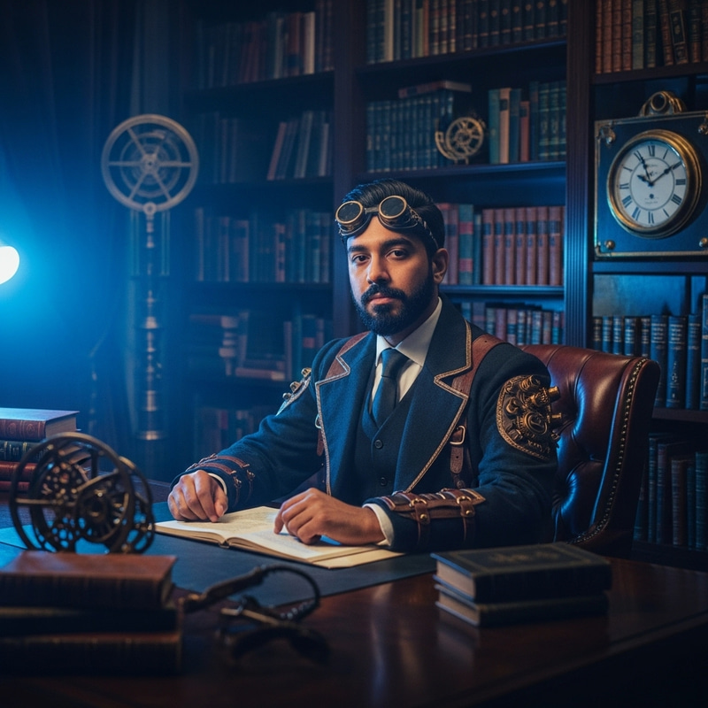 Steampunk Gentleman Surrounded by Vintage Books in Futuristic Office Setting Steampunk Gentleman Surrounded by Vintage Books in Futuristic Office Setting