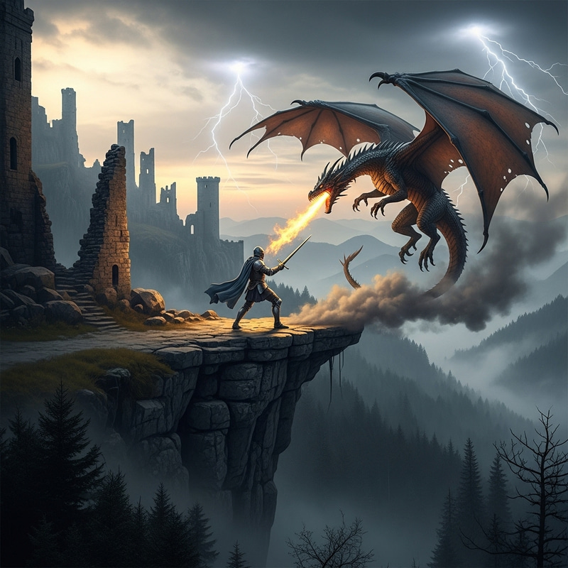 Epic Battle Between Knight and Dragon in Ancient Castle Ruins Epic Battle Between Knight and Dragon in Ancient Castle Ruins