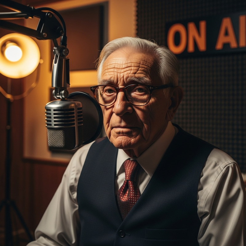 Elderly Announcer in Vintage Studio with Glasses Elderly Announcer in Vintage Studio with Glasses