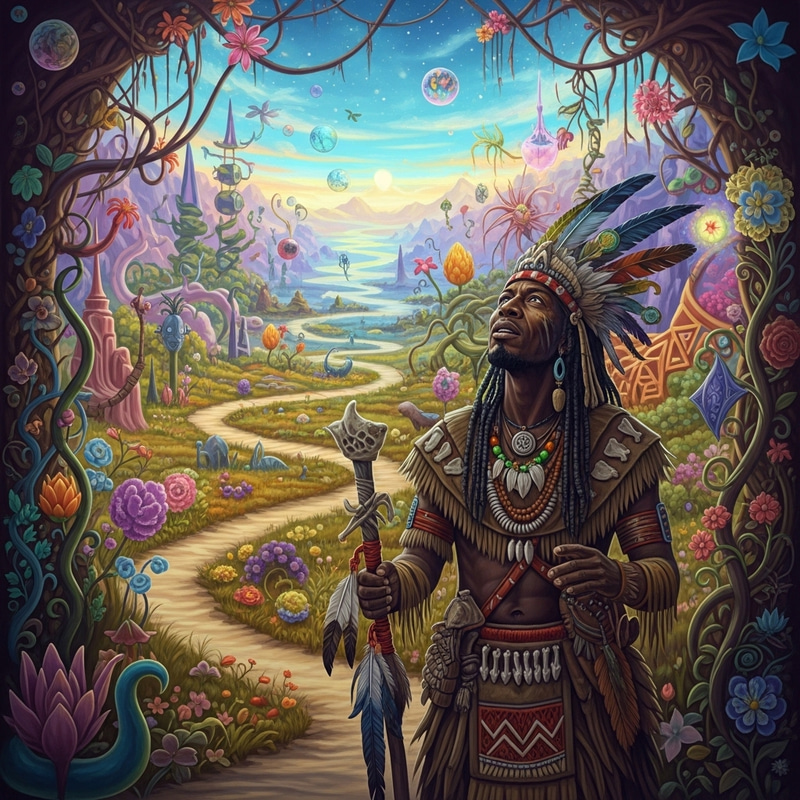 Realistic Black Male Shaman in Otherworldly DMT Landscape Realistic Black Male Shaman in Otherworldly DMT Landscape