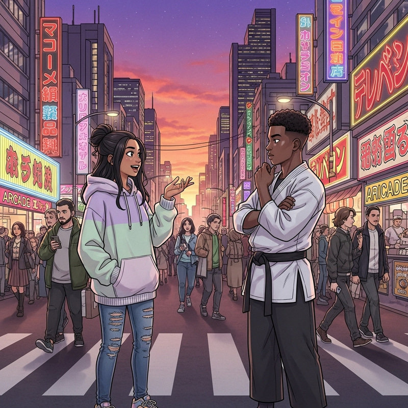 Colorful Manga Cityscape with Diverse Character Conversations Colorful Manga Cityscape with Diverse Character Conversations