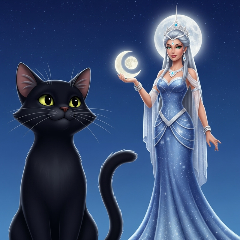 Enchanting Black Cat and Moon Goddess Under Starry Sky