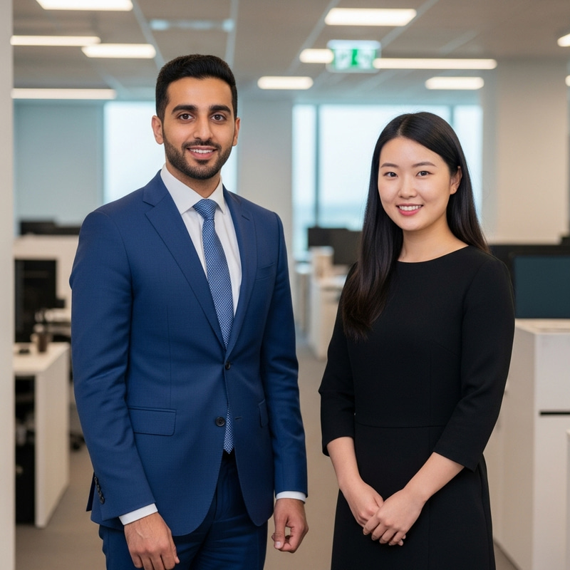Professional Office Couple Smiling in Elegant Attire