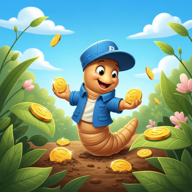 Cheerful Worm Collecting Coins in a Lush Scene Cheerful Worm Collecting Coins in a Lush Scene