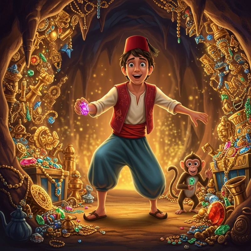 Aladin and Abu Explore Cave for Treasures Aladin and Abu Explore Cave for Treasures
