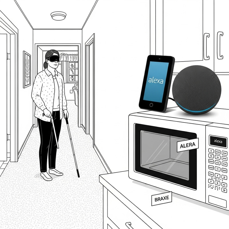 Black and White Drawing of a Blind Person in a House with Assistive Technology