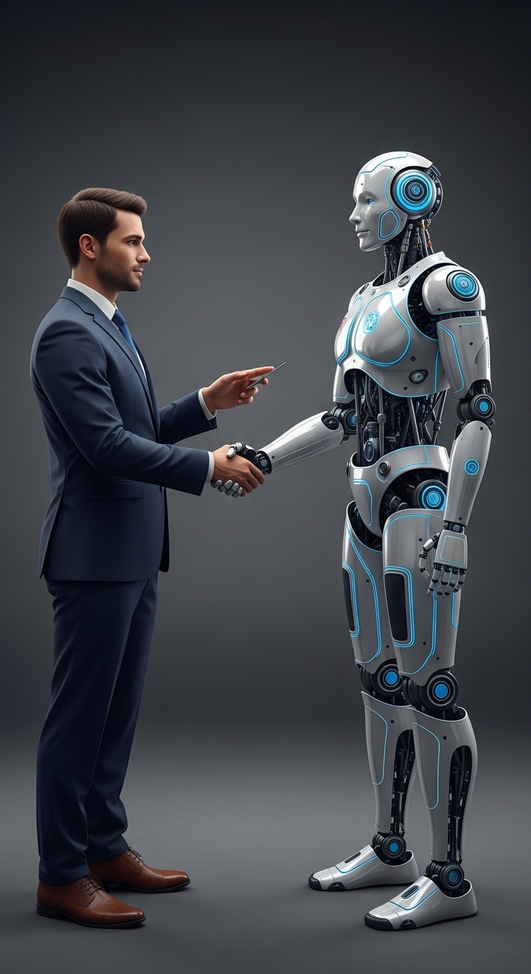 Attorney and AI Robot Shaking Hands: A Symbol of Collaboration Attorney and AI Robot Shaking Hands: A Symbol of Collaboration