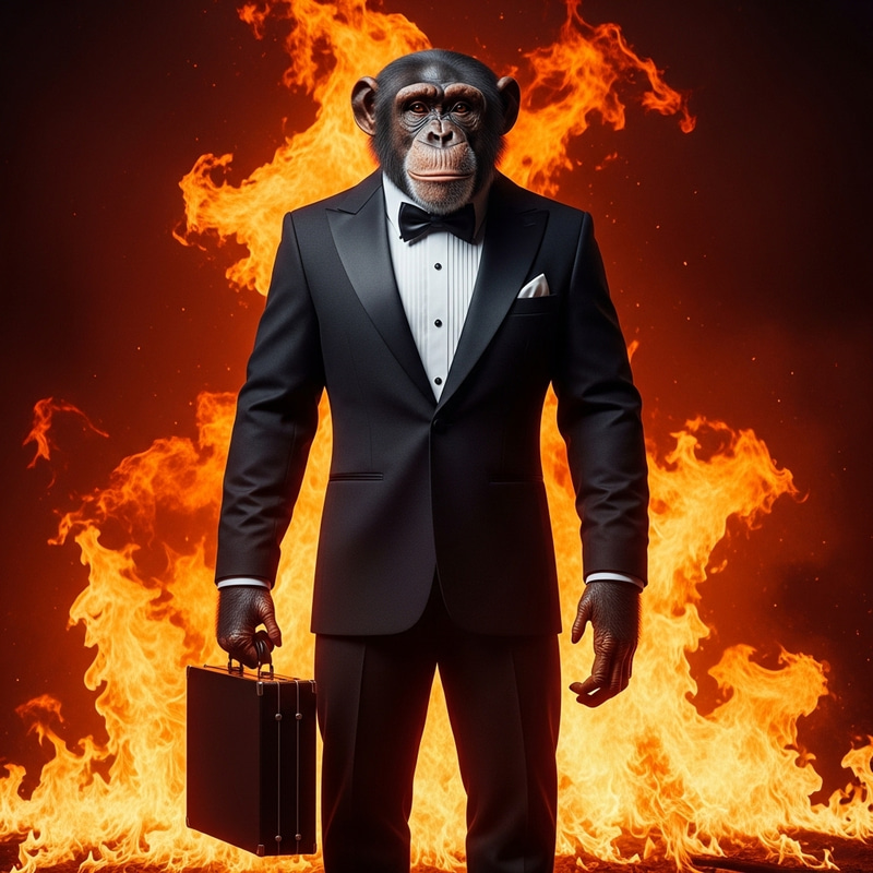 Chimpanzee in Tuxedo with Briefcase - Wild vs Civilized Surreal Image