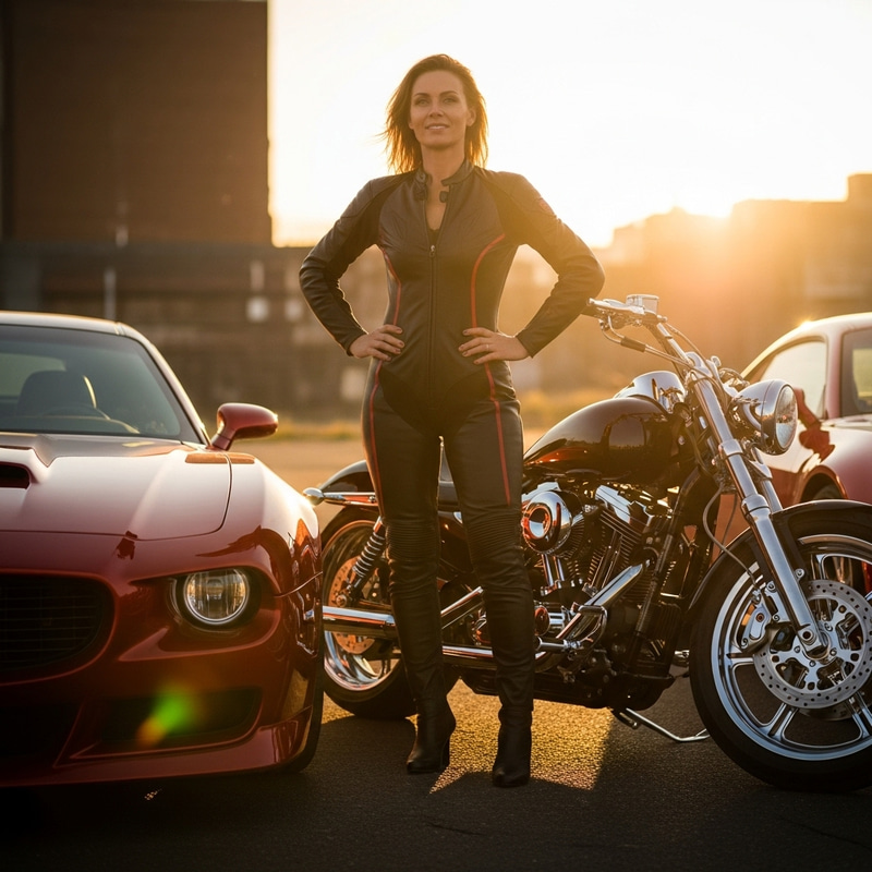 Powerful Photorealistic Image of Woman in Leather Suit by Red Car and Motorcycle Powerful Photorealistic Image of Woman in Leather Suit by Red Car and Motorcycle