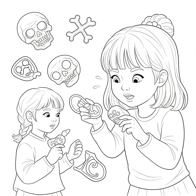 Whimsical Cartoon Coloring Page: Child with Death Symbols Whimsical Cartoon Coloring Page: Child with Death Symbols