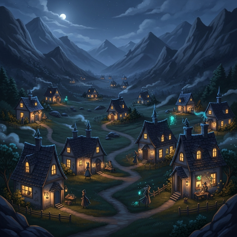 Charming Nighttime Witch Village in the Valley
