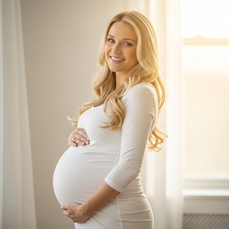 Caucasian Pregnant Woman 42 Weeks | Long Blonde Hair, White Dress