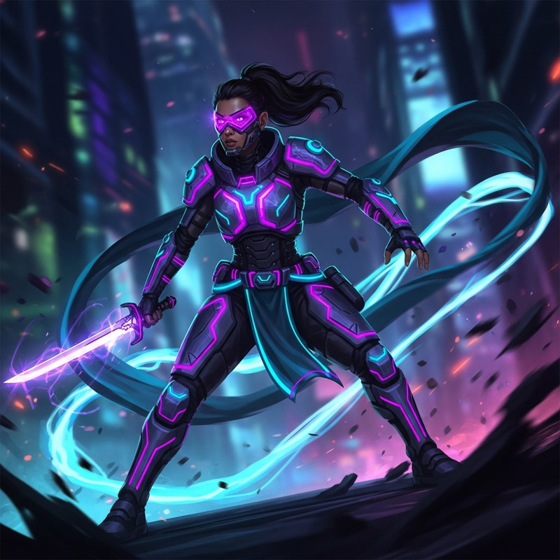 Dynamic Cyberpunk Warrior in Vibrant Neon Armor