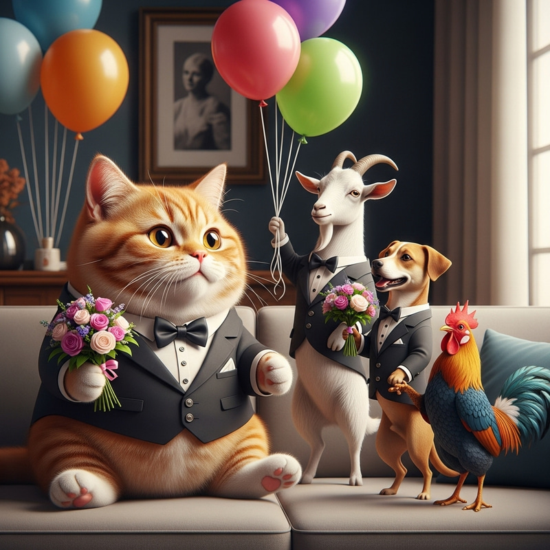 Realistic British Cat in Tuxedo with Party Animals