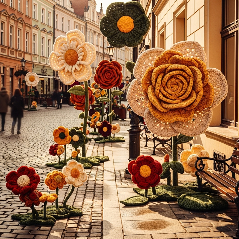 Large Knitted Flowers on Poznan Streets | Kodak Portra Aesthetic Large Knitted Flowers on Poznan Streets | Kodak Portra Aesthetic