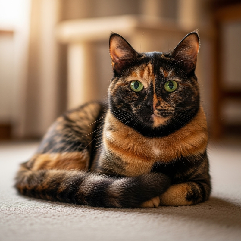 Adorable Tortoiseshell Cat Relaxing Indoors