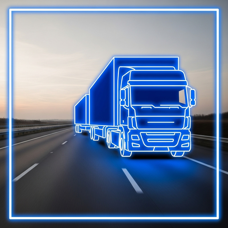 Blue Neon Truck with Trailer on Highway - Geometric Visuals