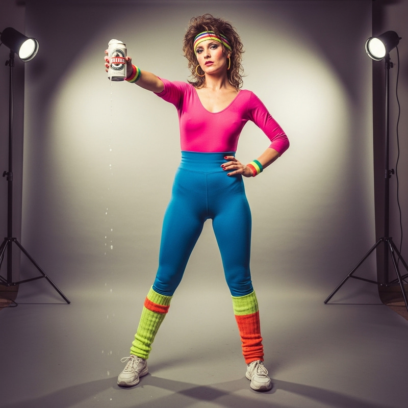 Vintage 80's Woman in Workout Gear with Beer Vintage 80's Woman in Workout Gear with Beer