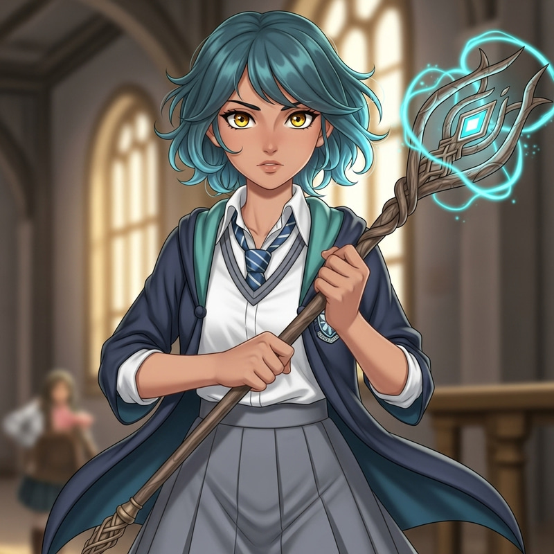 Teenage Girl with Short Wavy Turquoise Hair in Academy Uniform with Magic Staff Teenage Girl with Short Wavy Turquoise Hair in Academy Uniform with Magic Staff