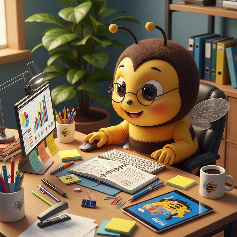 Cute Bee Mascot with Computer and Notebook