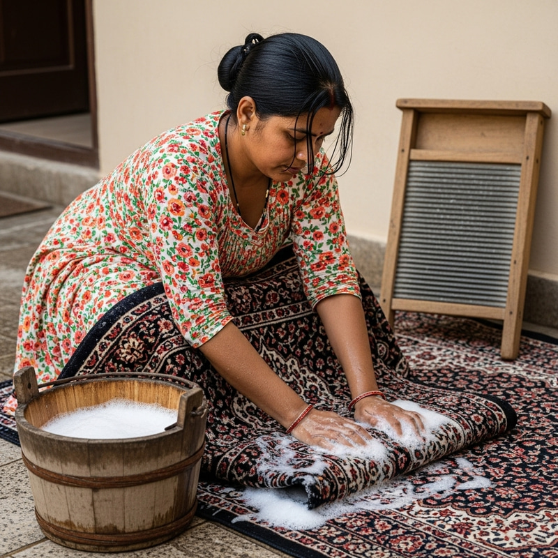 Woman Washing Large Patterned Carpet Outdoors Woman Washing Large Patterned Carpet Outdoors