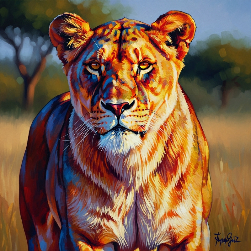 Fierce Lioness in Vibrant Wildlife Art