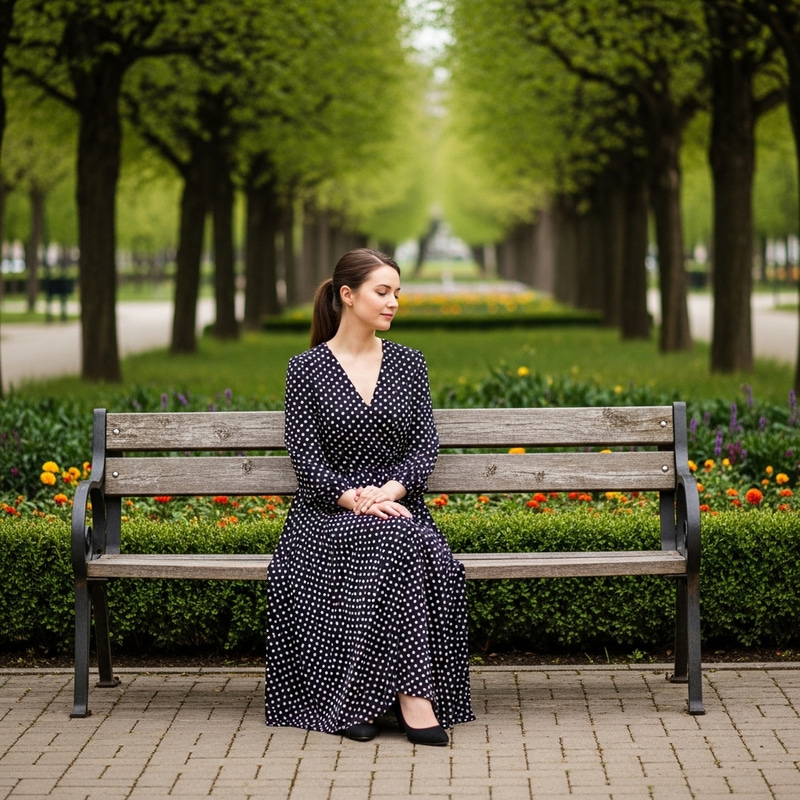 Woman in Long Dress Sitting on Bench in Park