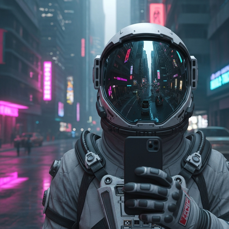 Cyberpunk Astronaut Selfie in Neon Cityscape Cyberpunk Astronaut Selfie in Neon Cityscape