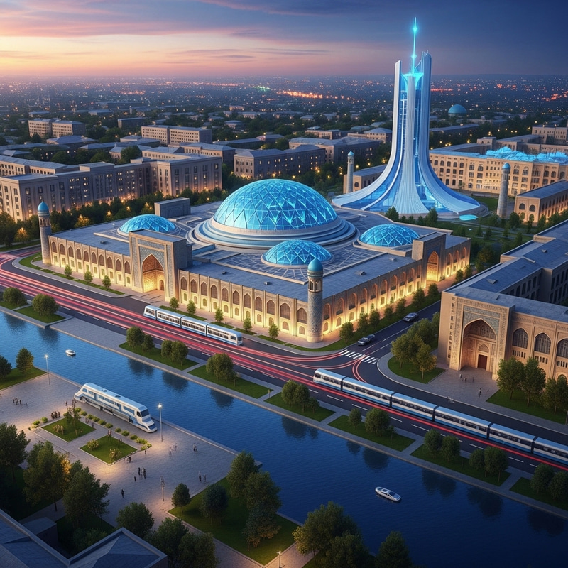 Futuristic Tashkent Cityscape | Vibrant Chorsu Market Scene in Uzbekistan
