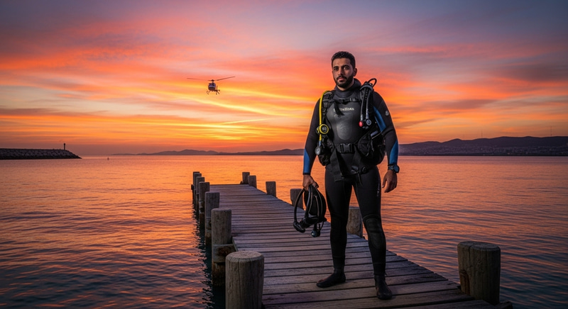 Diver in Wetsuit Watching Sunset on Pier with Helicopter | Adventure Photography Diver in Wetsuit Watching Sunset on Pier with Helicopter | Adventure Photography