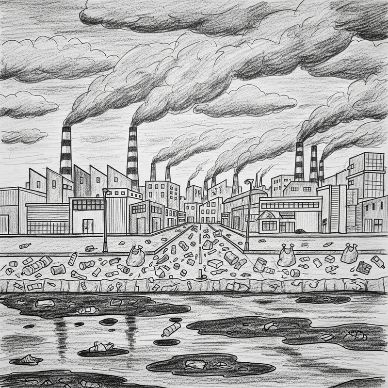 World Pollution Sketch: Factories, Plastic Litter & Oil Spills