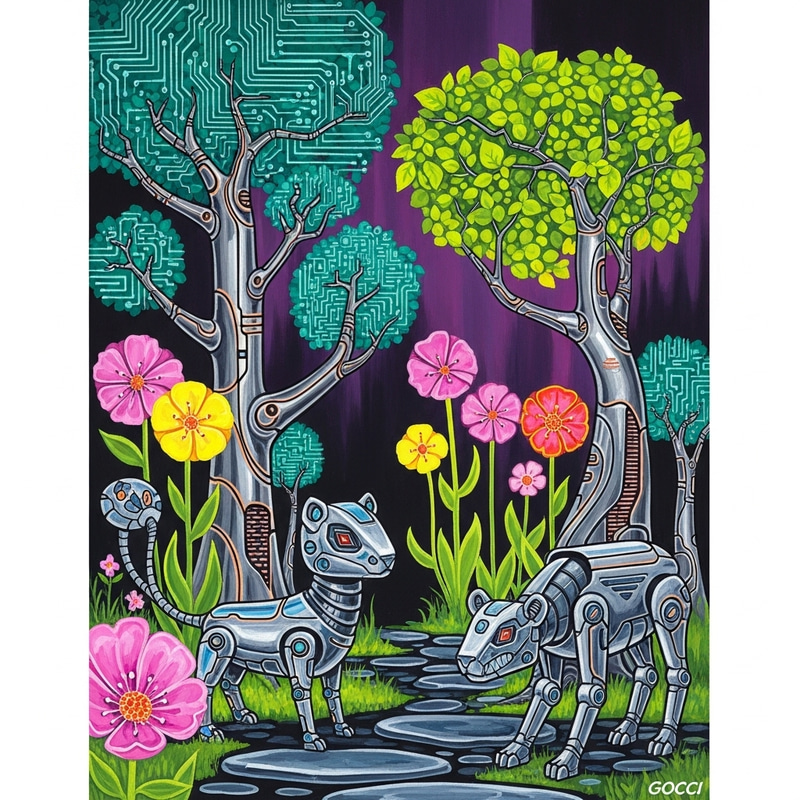 Whimsical Cyberpunk Nature Illustration in Grimes Style | Neo-Gothic Aesthetic Whimsical Cyberpunk Nature Illustration in Grimes Style | Neo-Gothic Aesthetic