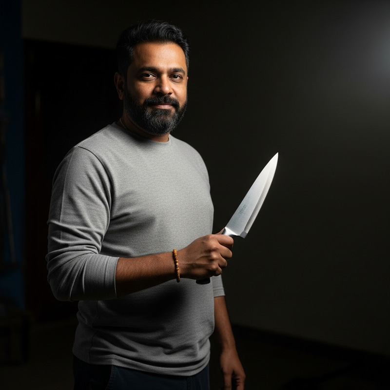 Middle-Aged Man Holding Knife in Dim Room