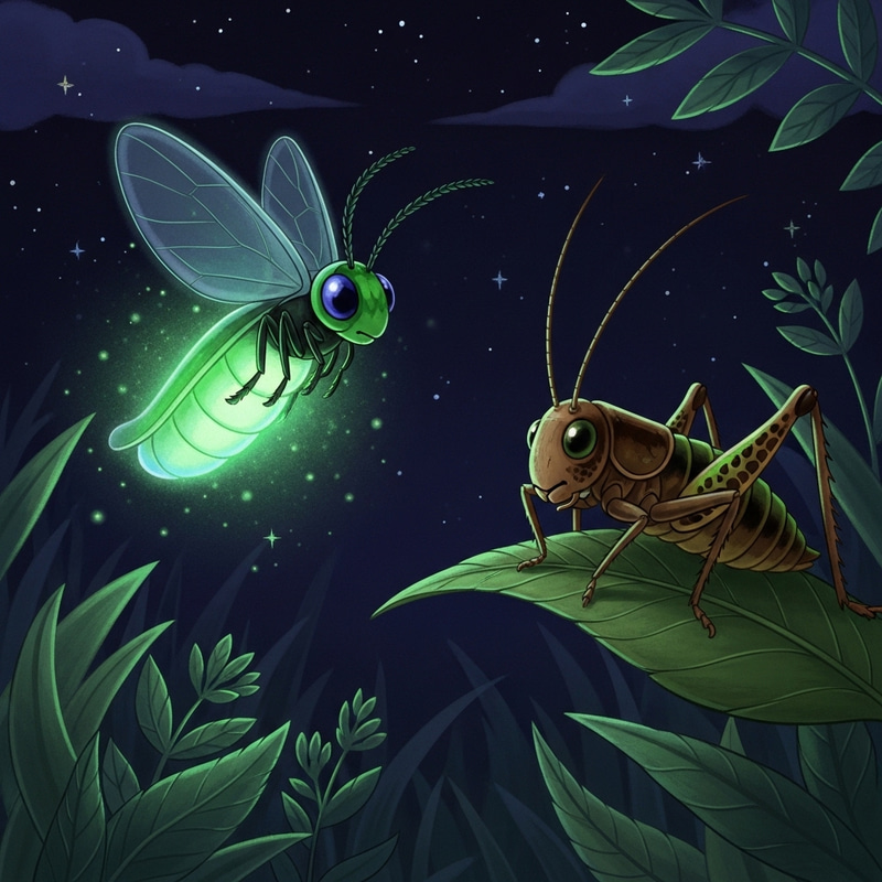 Enchanting Firefly and Cricket in Nighttime Scene Enchanting Firefly and Cricket in Nighttime Scene