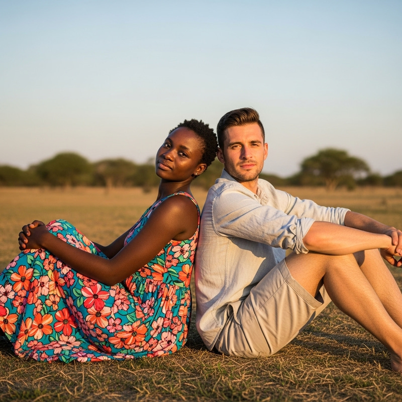 Man and Woman Sitting with Backs Leaning Together Man and Woman Sitting with Backs Leaning Together