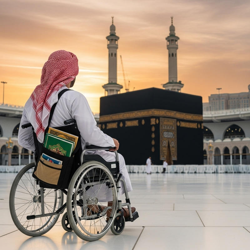 Middle-Eastern Student in Wheelchair at the Great Mosque of Mecca - Serene Devotion Middle-Eastern Student in Wheelchair at the Great Mosque of Mecca - Serene Devotion