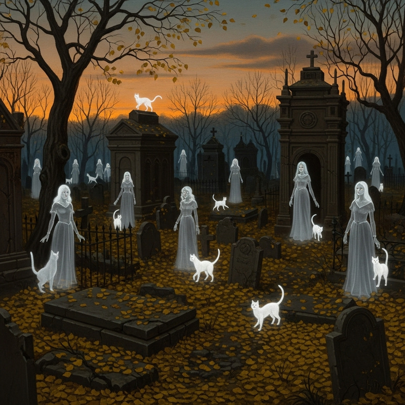 Gothic Painter Depicts Autumn Cemetery at Dusk with Ghostly Women and White Cats Gothic Painter Depicts Autumn Cemetery at Dusk with Ghostly Women and White Cats