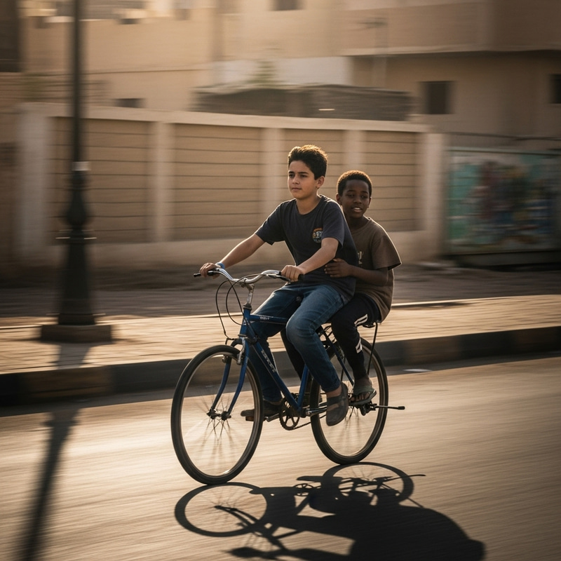 Brothers Riding Bike in Egypt: Morning Shadows & Cinematic Lighting Brothers Riding Bike in Egypt: Morning Shadows & Cinematic Lighting
