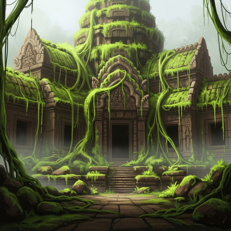 Ancient Temple Digital Painting: Mystical Vines & Mist Ancient Temple Digital Painting: Mystical Vines & Mist
