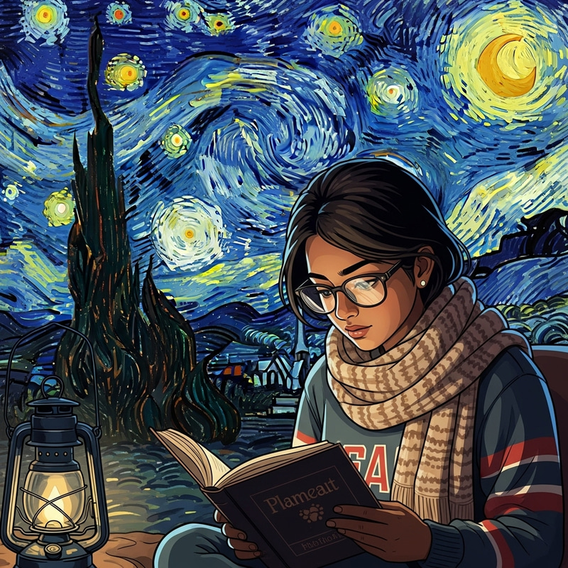 Studion Ghibli Style Girl with Muffler Reading Book in Starry Night Studion Ghibli Style Girl with Muffler Reading Book in Starry Night