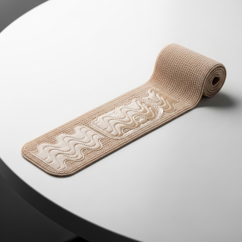 Creating an image with beige KINESIO elastic bandage on white table Creating an image with beige KINESIO elastic bandage on white table